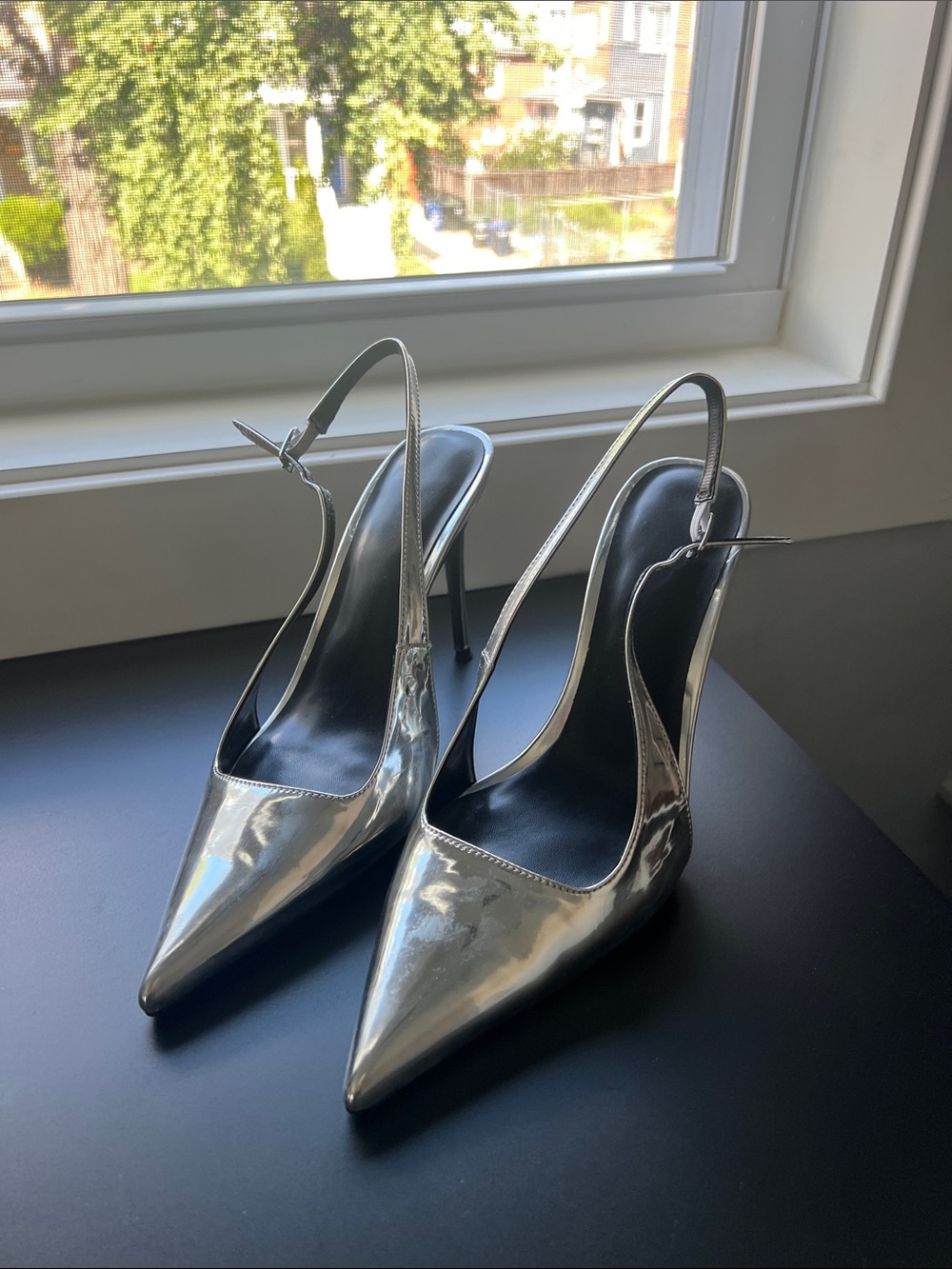 Metallic Silver Pointed-Toe Slingback Pumps